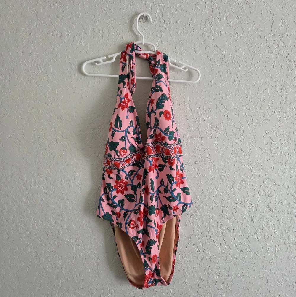 J Crew Halter One Piece Floral Padded V Neck Tropical Swimsuit - Picture 2 of 7